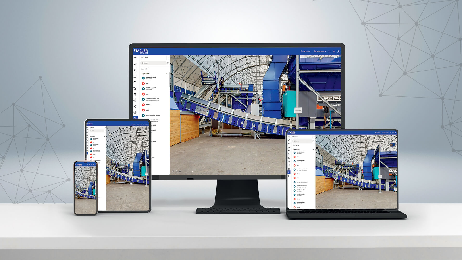STADLERconnect 3D Twin en ordenador de sobremesa, portátil, tableta y smartphone. La interfaz de usuario muestra una vista 3D interactiva de una planta de clasificación de residuos para su reciclaje, con una visualización detallada de los componentes de la instalación e información sobre las distintas máquinas y equipos.