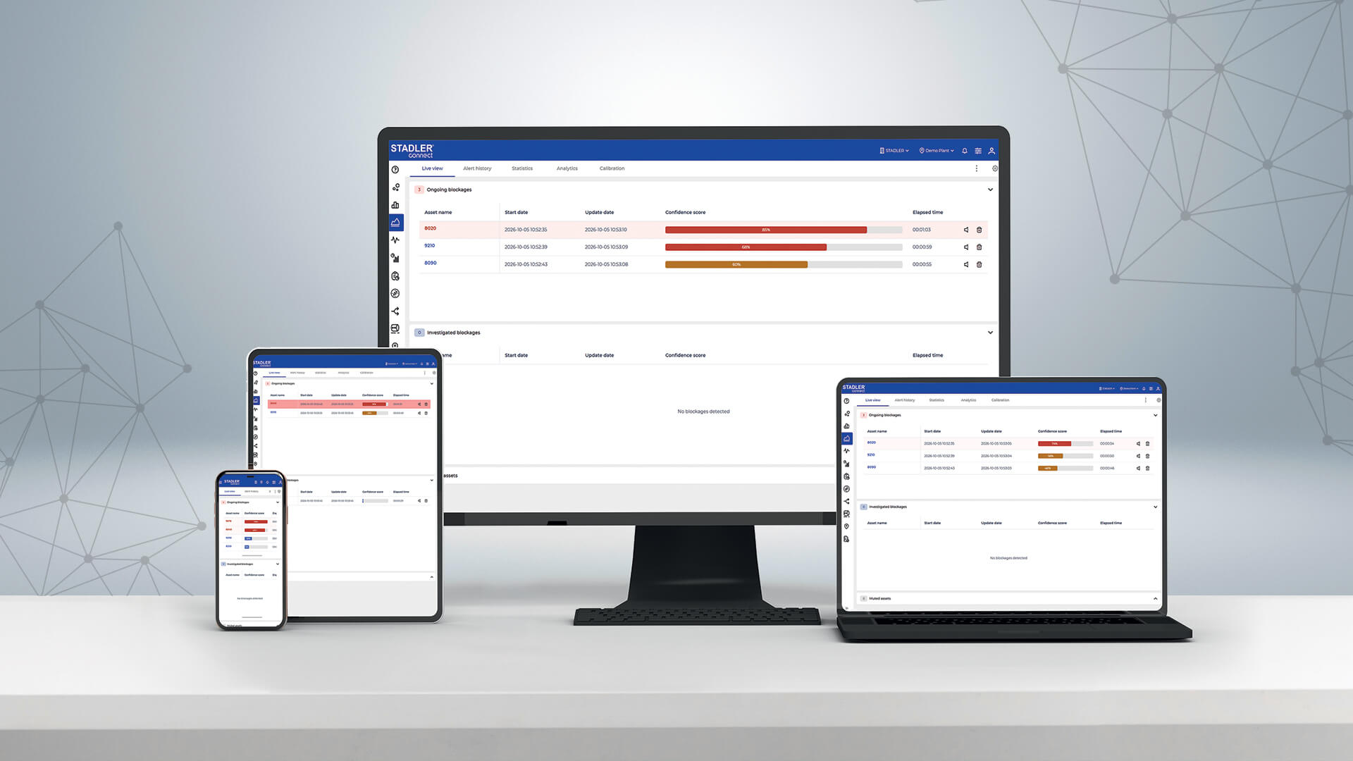 STADLERconnect Blockage Detection en ordenadores de sobremesa, portátiles, tabletas y smartphones. La interfaz de usuario muestra los atascos de material detectados en las instalaciones de clasificación con indicadores de estado, datos temporales y mensajes de advertencia codificados por colores.