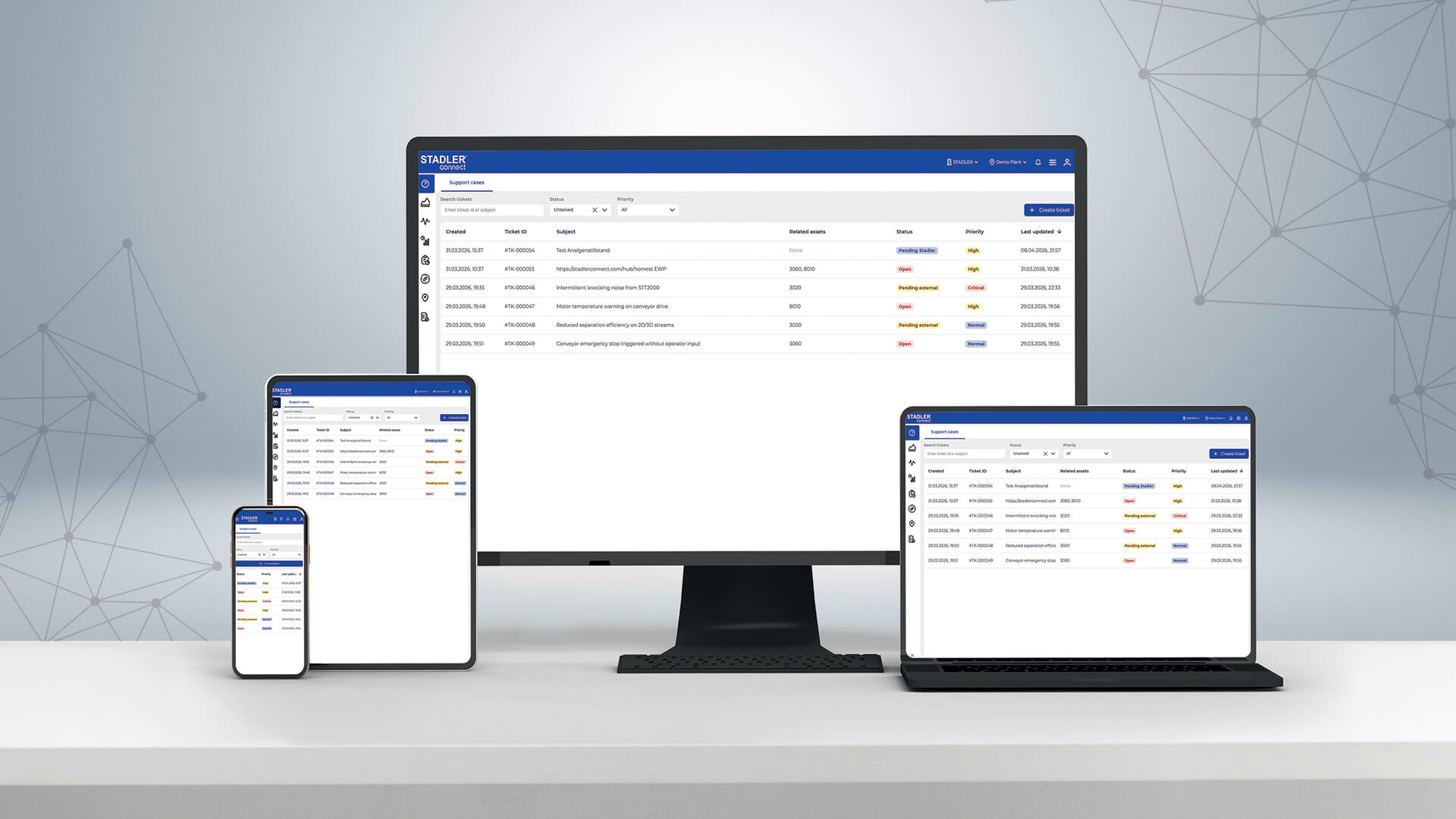 STADLERconnect Support Portal en ordenador de sobremesa, portátil, tableta y smartphone. La interfaz de usuario muestra una vista general de los tickets de soporte, con sus números de identificación, descripciones de los problemas, estados de tramitación y prioridades, así como funciones para buscar y crear nuevas solicitudes de asistencia.